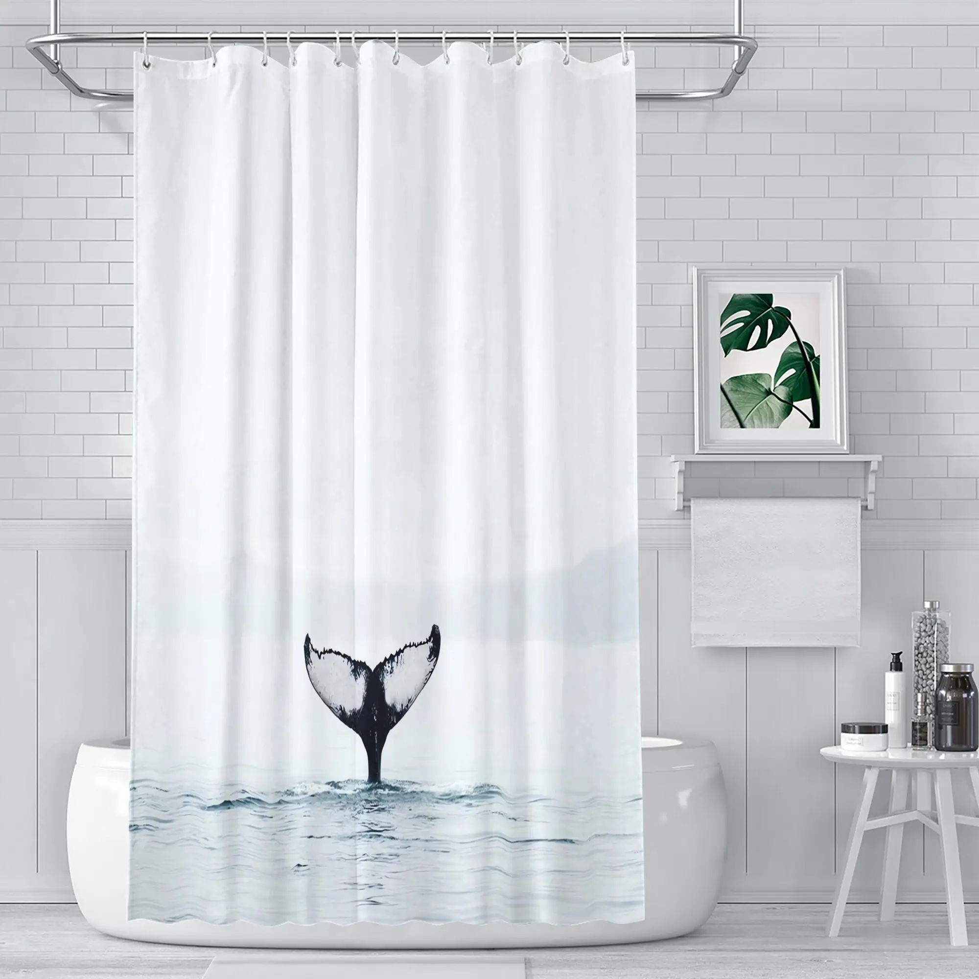 

Whale Tail Shower Curtain – Minimalist Ocean Art, Black Fin & Blue-Grey Waves, 12 Hooks, 70.87×70.87" Waterproof Bathroom Decor