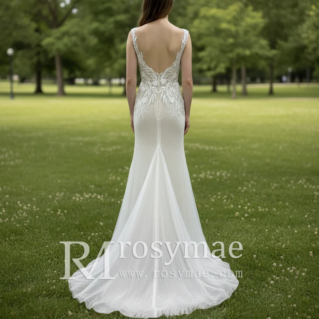 Rosymae Mermaid Skirt Vneck Champagne Wedding Dress with Low Open Back for Bride