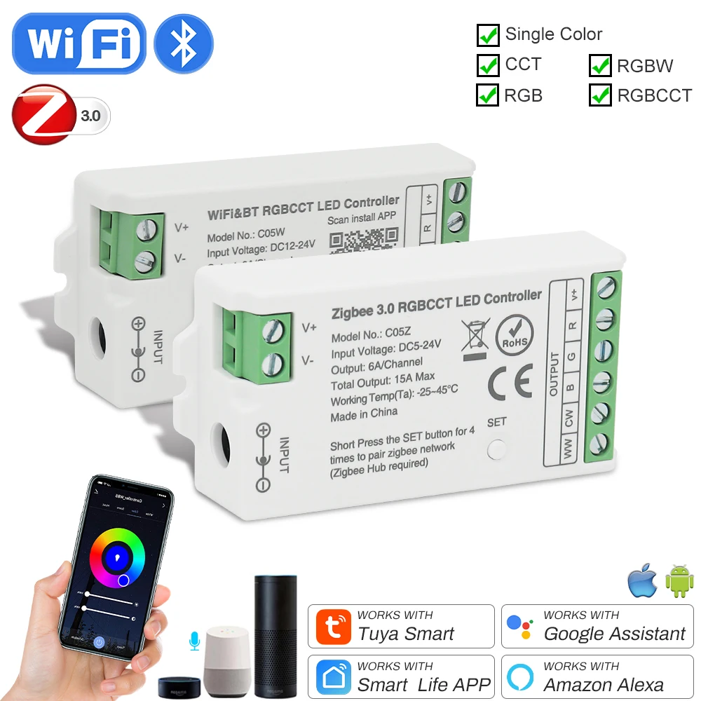 

Tuya Wifi Zigbee LED Dimmer RGBCCT RGBW RGB CCT PWM LED Controller Google Home Alice Alexa Voice Control Smart Life APP Remote