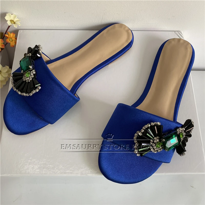 Sexy Summer 2024 Candy Butterfly-knot Slippers Luxury Satin One-strap Flat Mules Rhinestone Outwear Shoes Woman