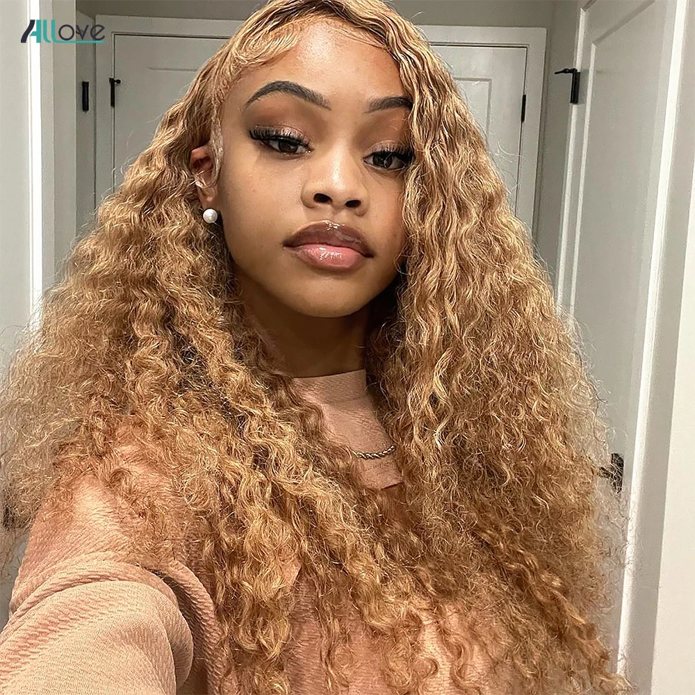 Allove Honey Blonde Deep Wave Wig 13x4 13x6 Transparent Lace Frontal Wigs For Women 27# Brown Colored Remy Human Curly Hair Wigs