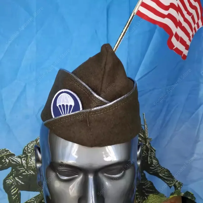 

WWII US Army Paratrooper Garrison Cap - Airborne Forces Side Hat - Vintage Militar Wedge Cap with Parachute Patch