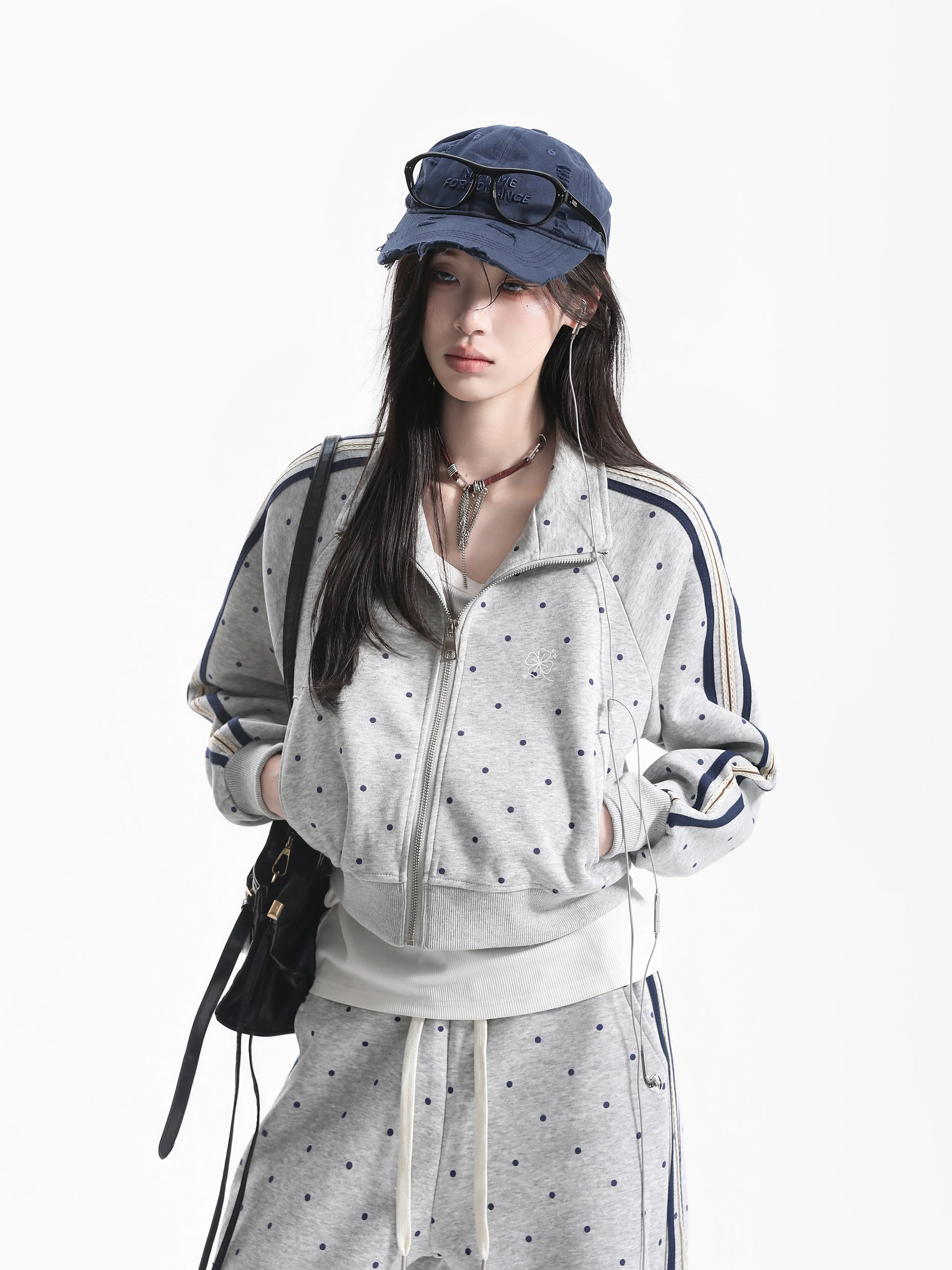 American Style Spicy Short Sweatshirt Jacket Loose Drawstring Polka Dot Wide Leg Sweatpants Trendy Casual Sportswear Set