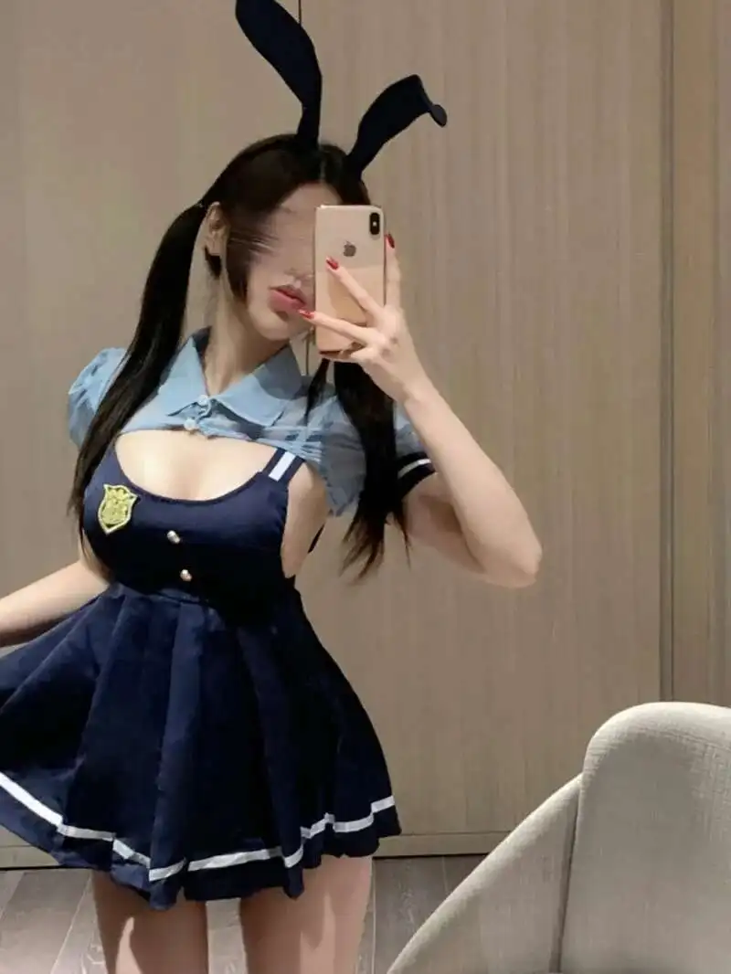 Nowa seksowna bielizna z przezroczystej tkaniny i niebieskiej tekstury w paski króliczek mundurek uroczy i czysty pożądanie JK bielizna nocna sukienka PEY0