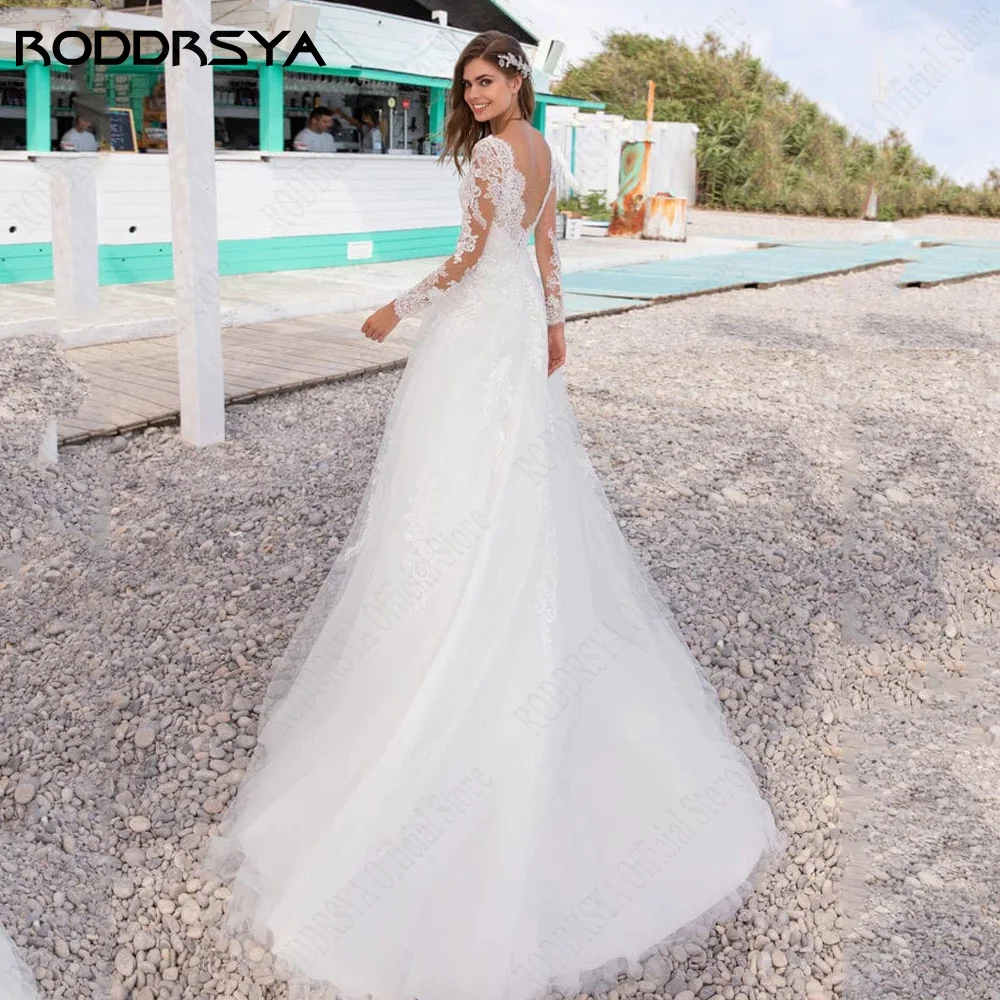 RODDRSY Elegant Wedding Dress With Long Sleeves V-Neck Backless Bride Party Gowns Lace A-Line Applique Civil vestido de noiva