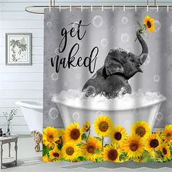 Funny Elephant Nude Shower Curtains Set Cute Animal Elephant With Sunflower Grey Background Hanging Curtain Bathroom Decor Hooks