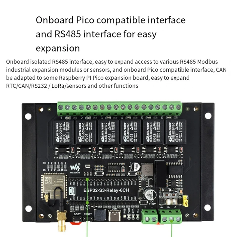 Imagem -02 - Waveshare-módulo de Relé Wifi Wifi Abs Suporta Wi-fi Bluetooth Rs485 Interface Pico Esp32-s3 6ch