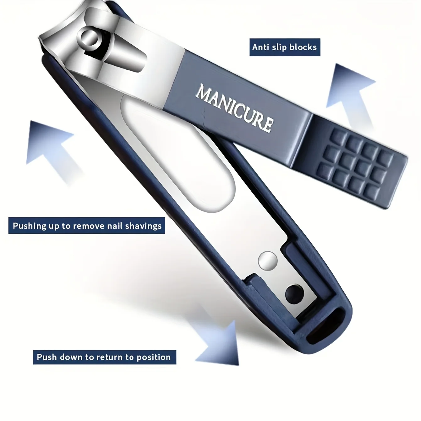 Coupe-ongles anti-éclaboussures en acier inoxydable avec lame robuste et boîte de rangement pour ongles, au design attrayant.