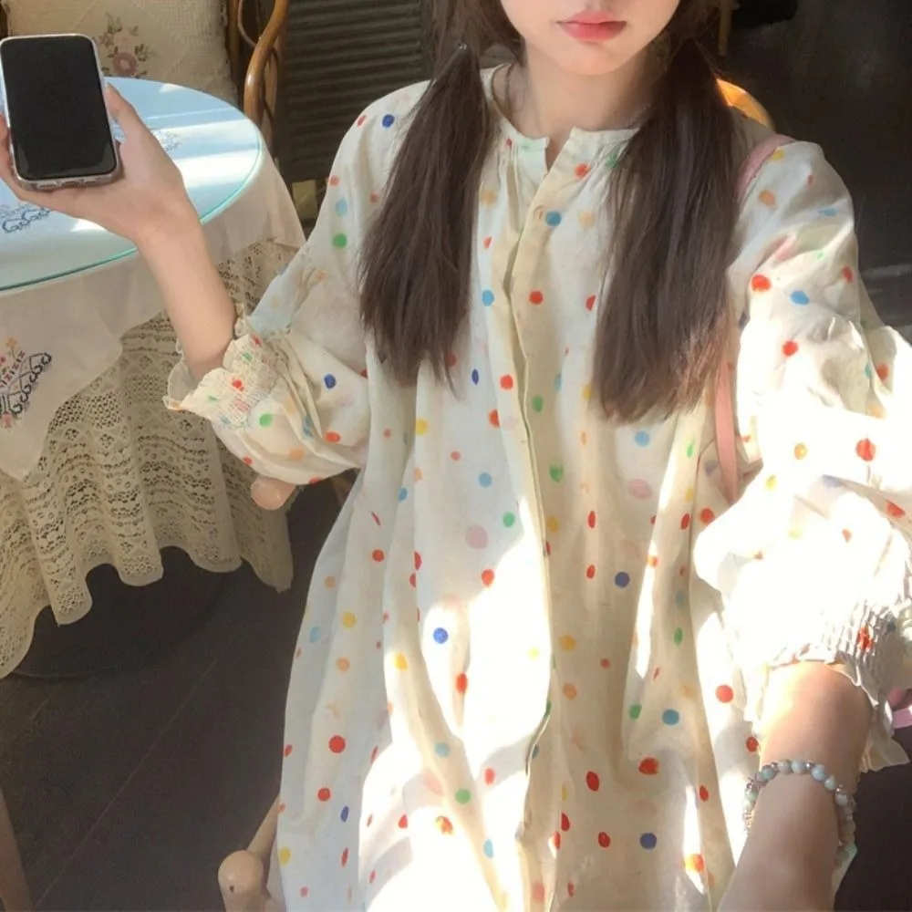 

Leisure Sweet Colorful Dots Blouse Loose Casual Pleated Shirt Top Thin Ins Button Shirt Women Spring Fall