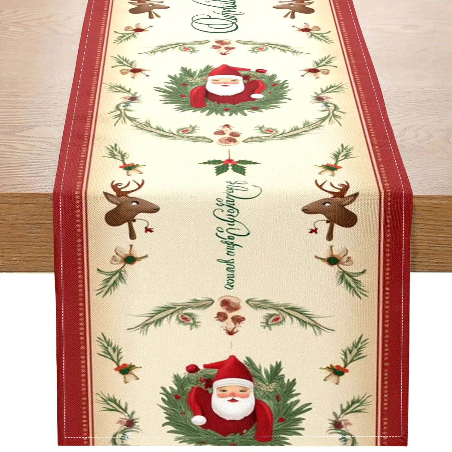 

Цельная рождественская скатерть в стиле ретро, украшенная Санта-Клаусом, оленями и венками, подходит для рождественских и праздничных украшений.
