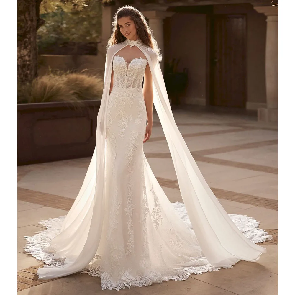 Elegant Wedding Dresses Detachable Chiffon Shawl Sweetheart Mermaid Bride Dress Sleeveless Appliques Bridal Gown Customized