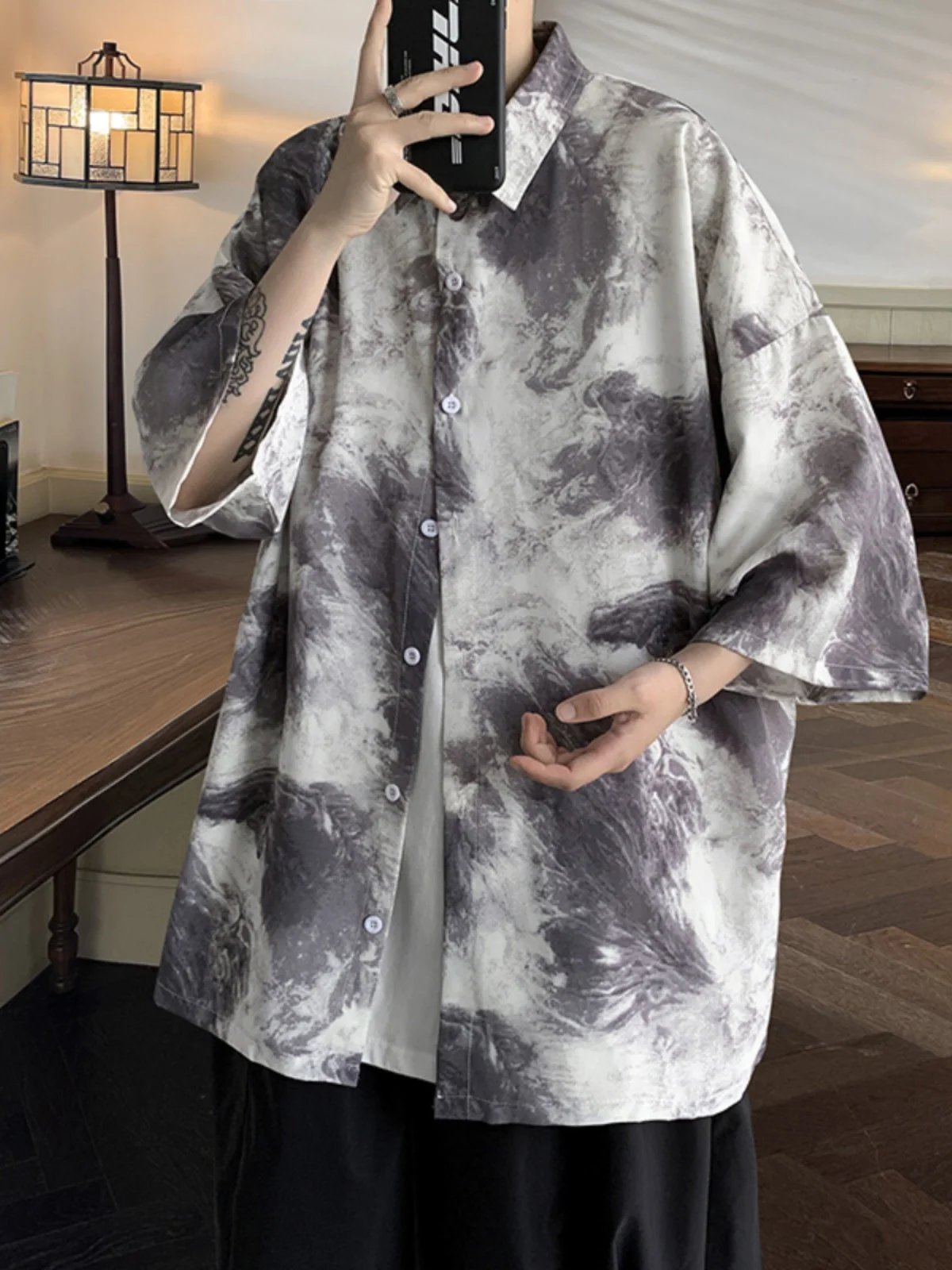 

Мужская футболка оверсайз из окрашенного ледяного шелка с принтом «Водопад» в стиле каллиграфии, свободного кроя, летняя, модная, молодежная, трендовая