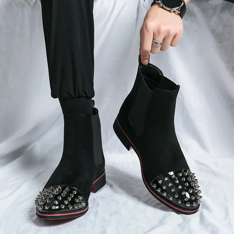 الفاخرة المسامير تصميم الرجال تشيلسي الأحذية موضة جلد الغزال وأشار حذاء من الجلد للرجال عالية أعلى حذاء كاجوال Botines Hombre #3