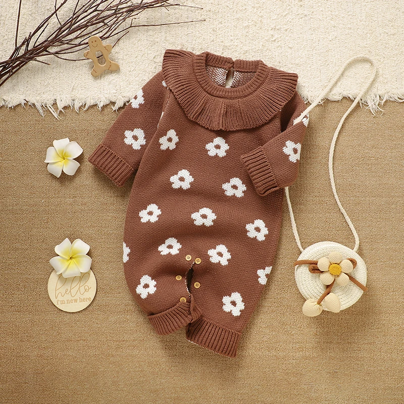 

Комбинезоны для новорожденных девочек, комбинезоны для детей 0-18 месяцев, коричневые вязаные комбинезоны с цветочным принтом, комбинезоны с длинными рукавами для детей, весенне-осенние зимние детские наряды