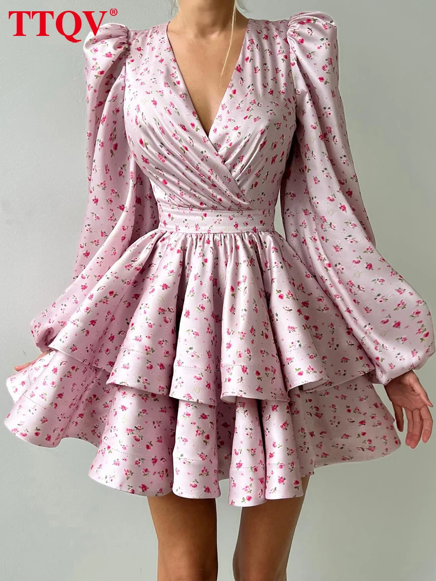 

TTQV Sexy Slim Print Women's Dress 2026 Fashion V-Neck Long Sleeve Mini Dresses Elegant Classic High Waist Pleated Female Ress