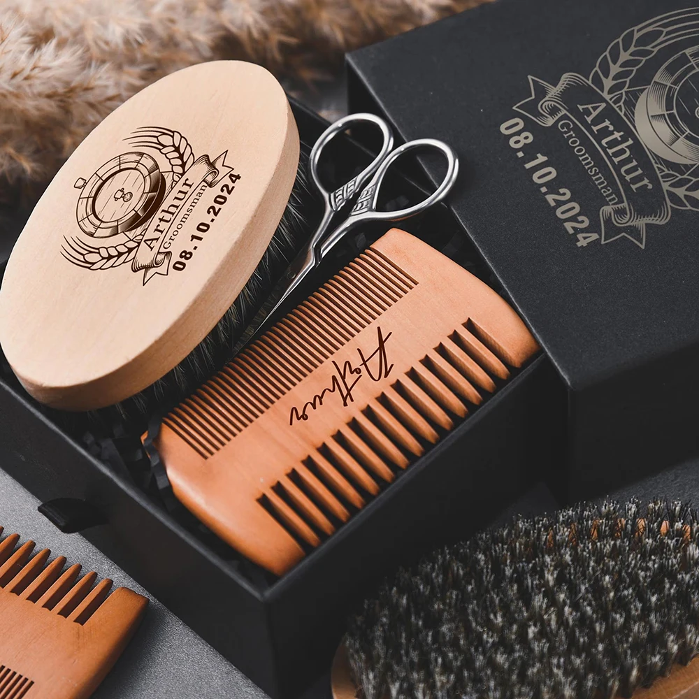 Mens Grooming Kit For Wedding - Personalisiertes Bartpflege-Set aus Holz mit Bürste
