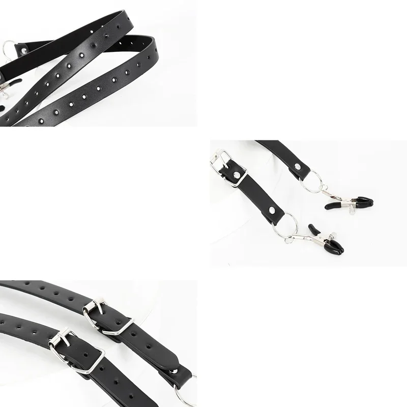 مجموعة حزام BDSM من الجلد الأسود - مشابك الحلمة ومشابك الشفرين وقيود عبودية الوثن ولعب الزوجين المثيرة