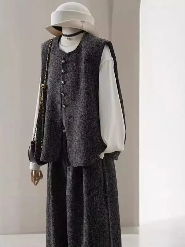 plus Size Women's Vest Pants Set High Waist Wide Leg Autumn Casual Sportswear Two-Piece Suit Lightweight Maturi round Ne