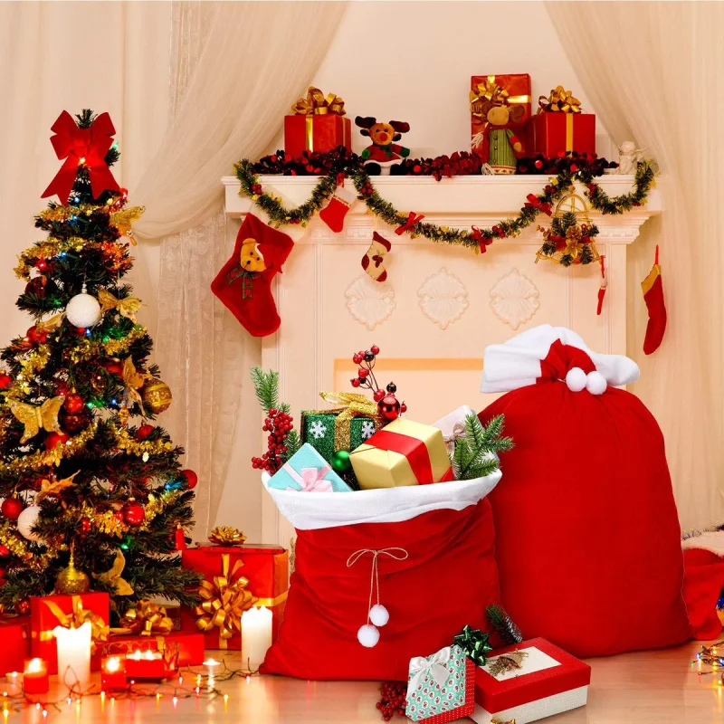 كبير عيد الميلاد سانتا كيس أحمر سعة كبيرة الرباط كيس الحلوى الاطفال الهدايا حامل حقيبة عيد الميلاد عطلة لوازم الديكور الطرف