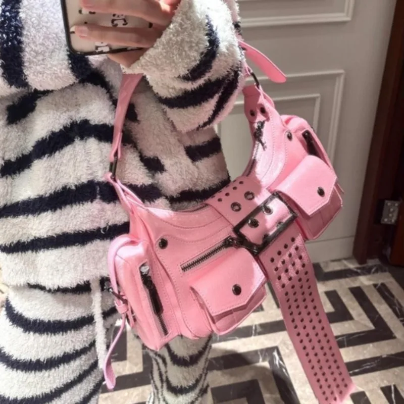 

Leather Pleated Rivet Armpit Bag Women Chic Blue Hip-Hop Vintage Style Fashion Studded Rivet Punk Shoulder Bag Commuting Tote