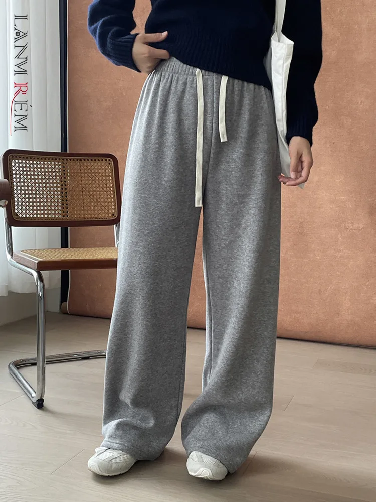 

[LANMREM] 2024 Winter New Women's Causal Warm Drawstring Pants Solid Straight Thick Warm Trousers Fashion Clothing 26C1351