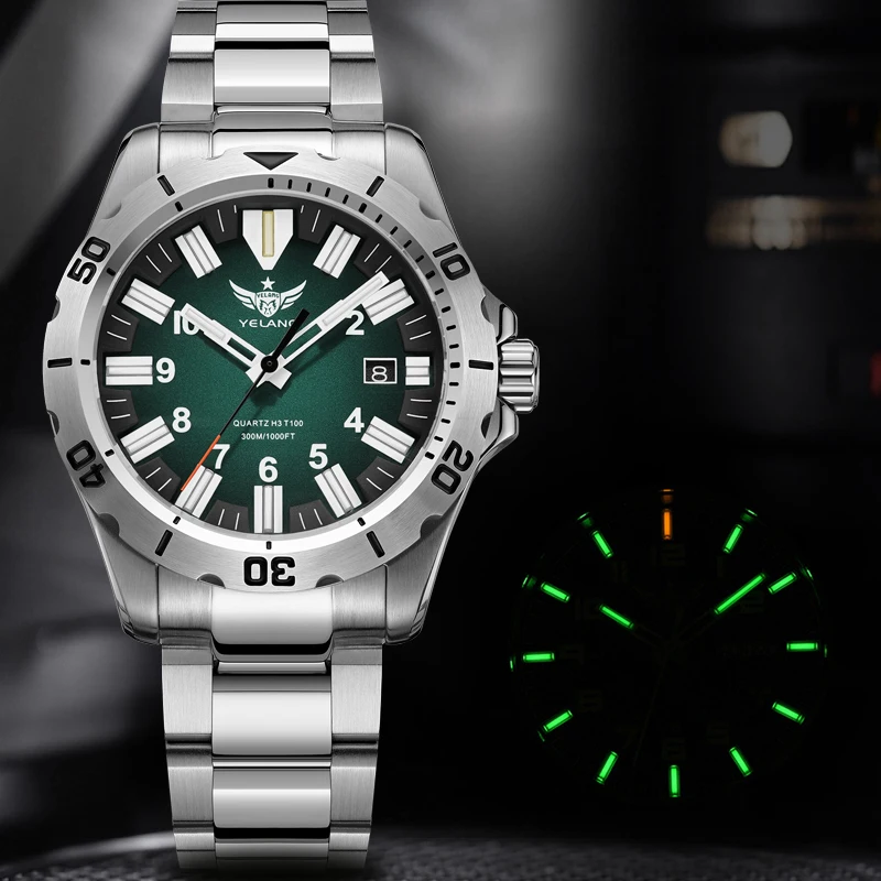 Yelang v1036 42mm relógio de quartzo masculino luminoso 10 anos movimento de lítio mostrador giratório 30atm 300m relógios de estilo militar à prova d'água