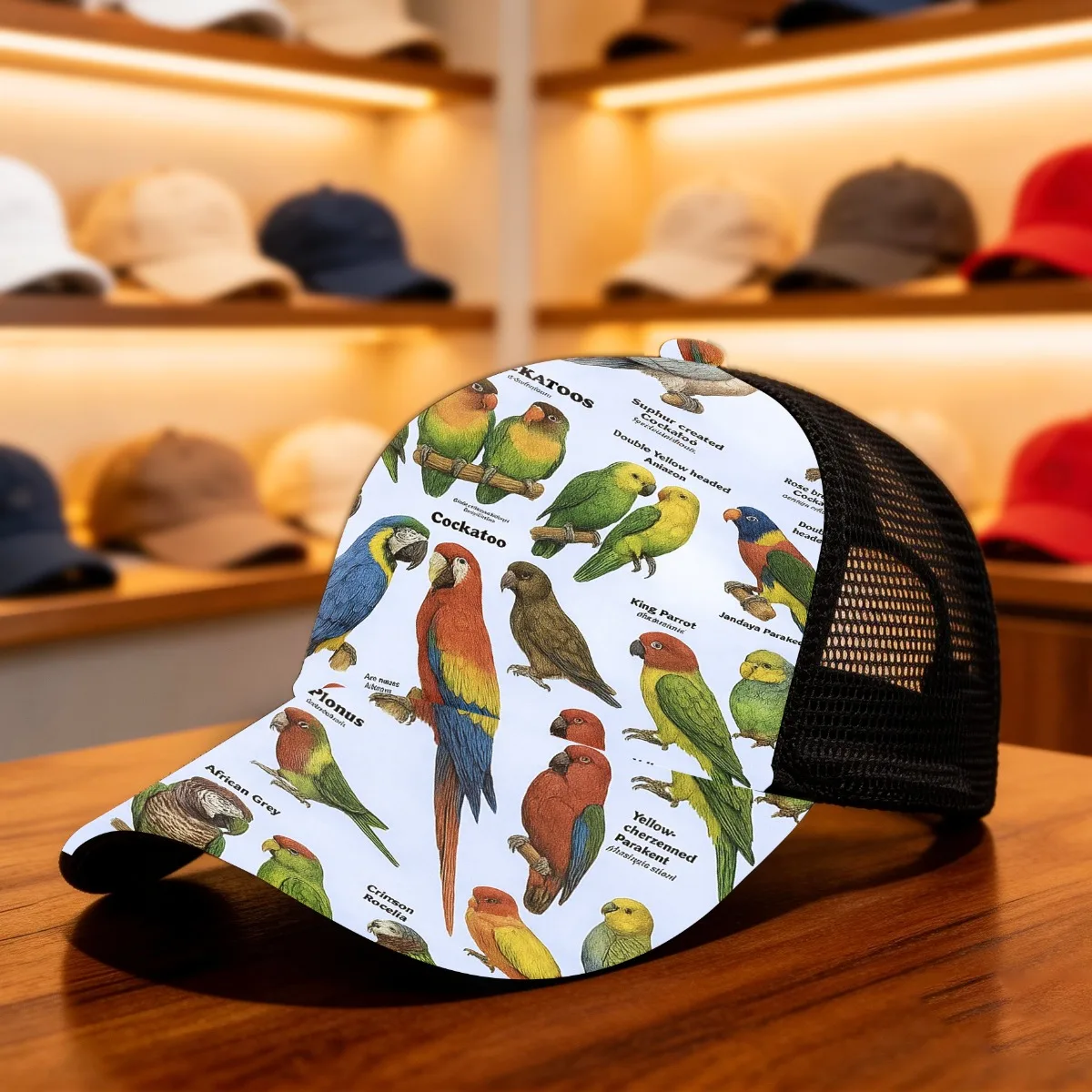 1pc Colorful Parrot Species Chart Classic Baseball Cap Mesh Cap Fashionable Unisex Four Seasons Suitable for Casual Wear Parties