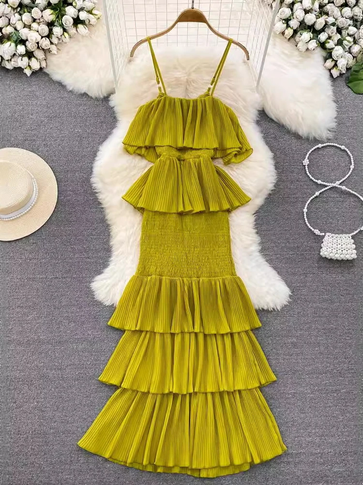 Vestido de playa Sexy para mujer, Espalda descubierta, cintura alta, línea A Irregular, vacaciones en la playa, moda de pastel con tirantes, caliente