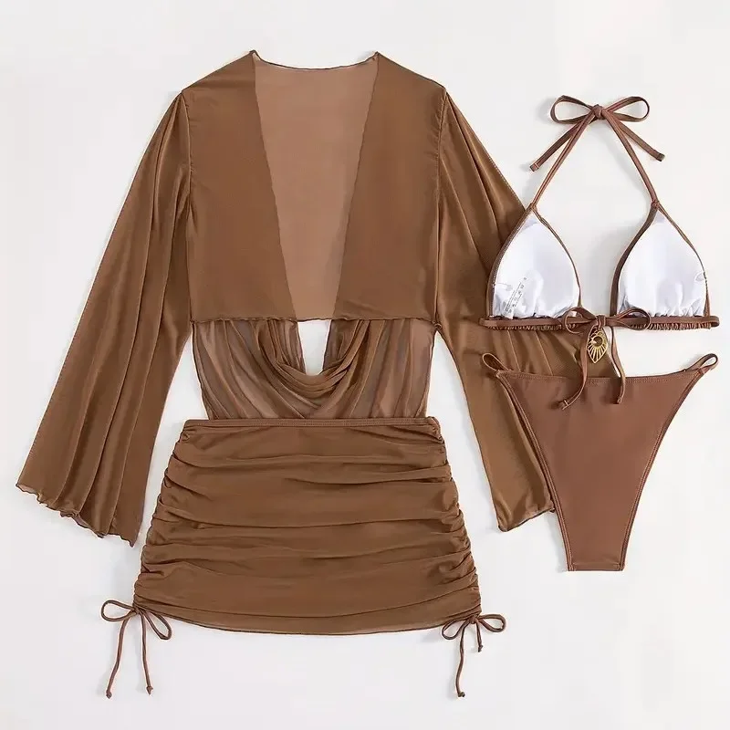 レディース 無地 ホルターネック ストリングビキニ 4点セット メッシュカバートップス スカート付き 水着 ビーチウェア ビキニ