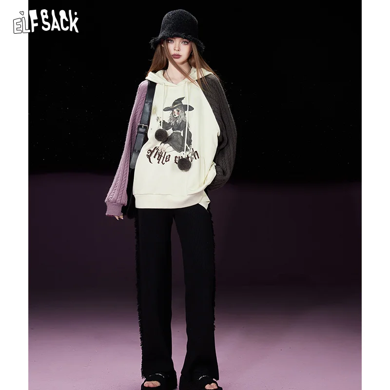 ELFSACK Panelled Spliced Hoodies Women 2023 Winter New Loose Knitted Long Sleeve Casual Tops