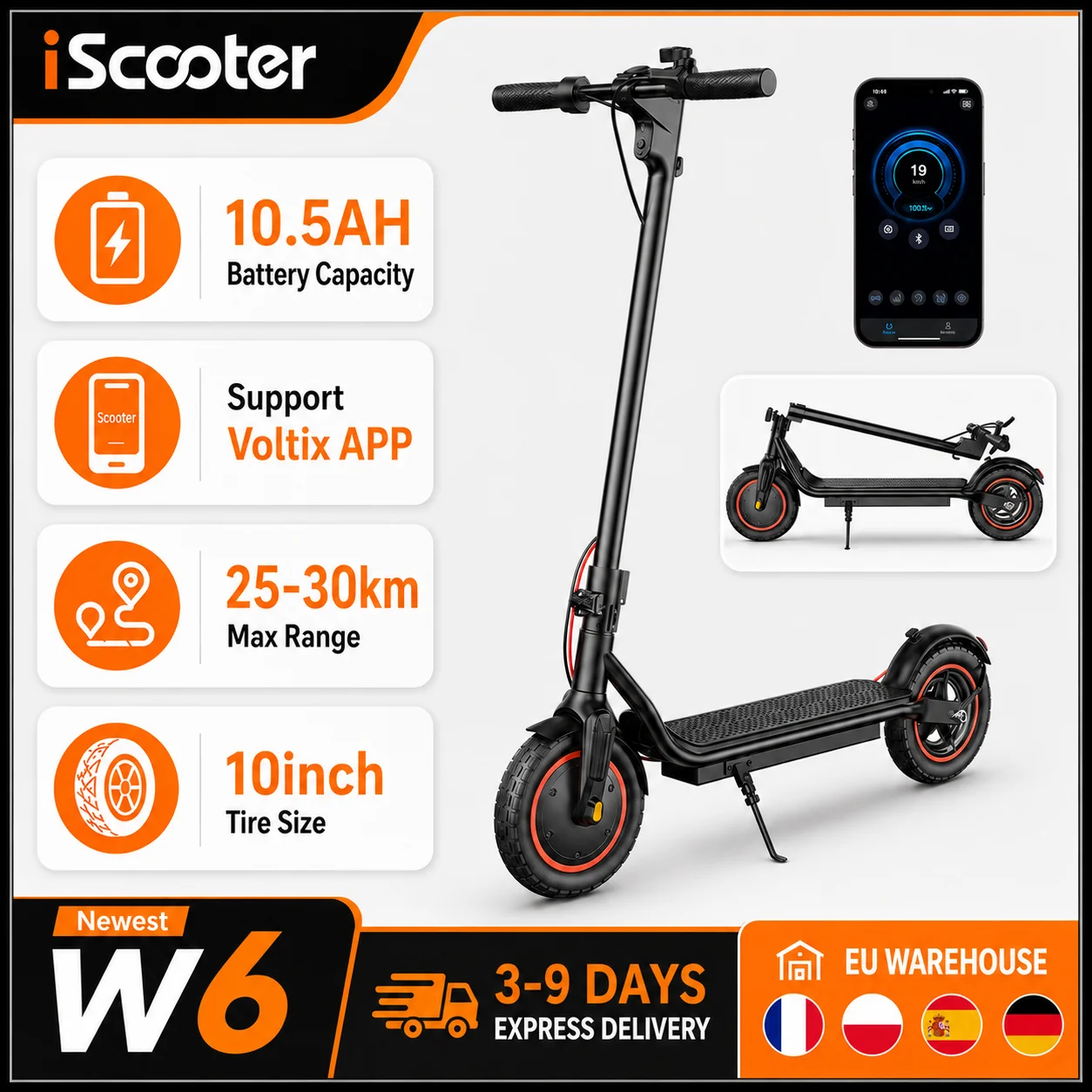 Patinete eléctrico W6 de 10 pulgadas y 500W para adultos, 36V 10.5Ah, velocidad 35km/h, compatible con aplicaciones, alcance 30km, patinetes eléctricos urbanos