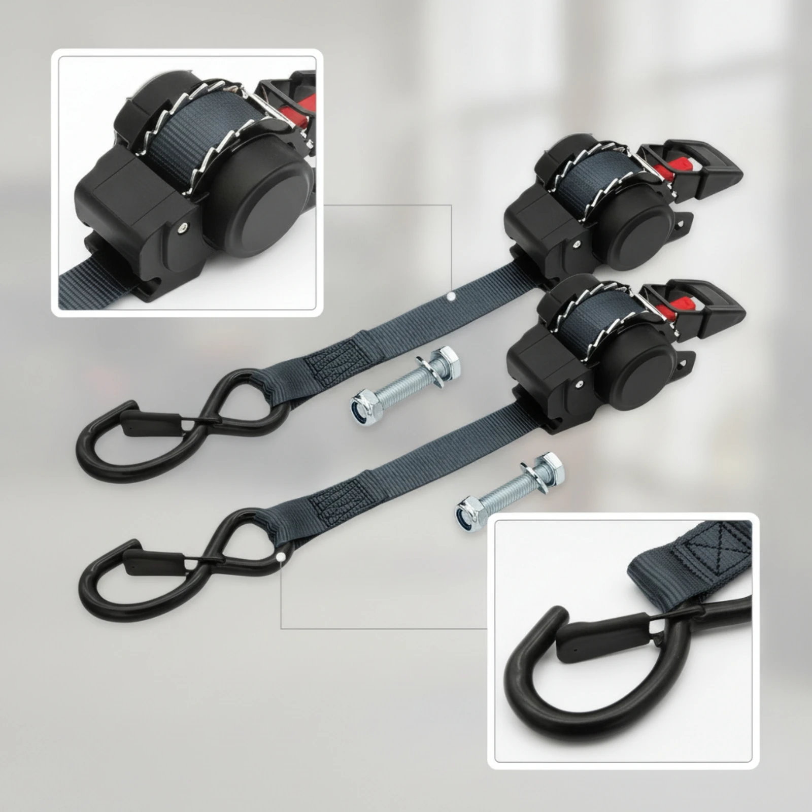 2 Pieces Auto Self-Retracting Tie-down Straps Heavy-Duty Cargo Tie-down Straps with Hooks Quick-Release Secure for Truck Beds
