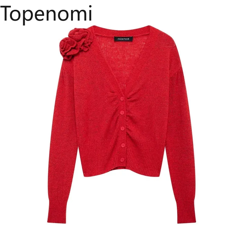 Topenomi Red Flower V Neck Knitted Cardigan Women French Fashion Single Breasted Short Sweater Autumn Winter Sweet Y2k Coat Tops