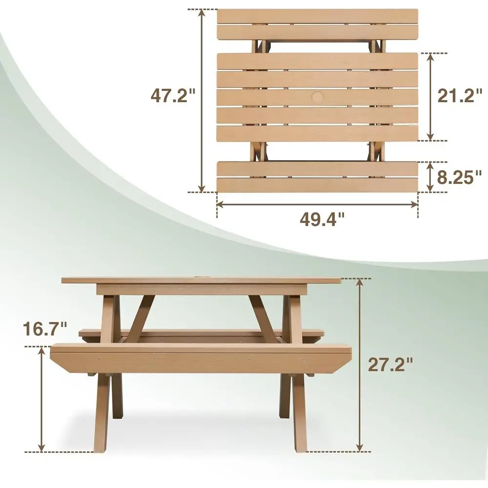Durable Teak-Colored Poly Lumber Picnic Table with Umbrella Hole and Built-In Benches for All-Weather Outdoor Use
