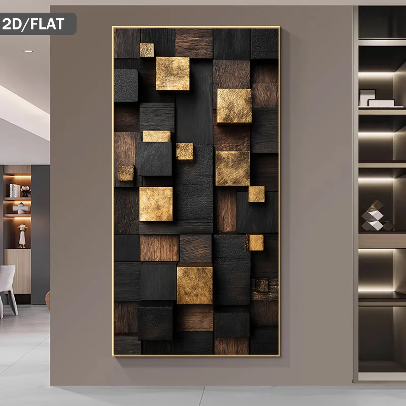 2D Flat  Modern Abstract Golden Cubes  Wooden Background Print Art Wall Art, Canvas Painting Art, for Living Room  Decor, No Fra