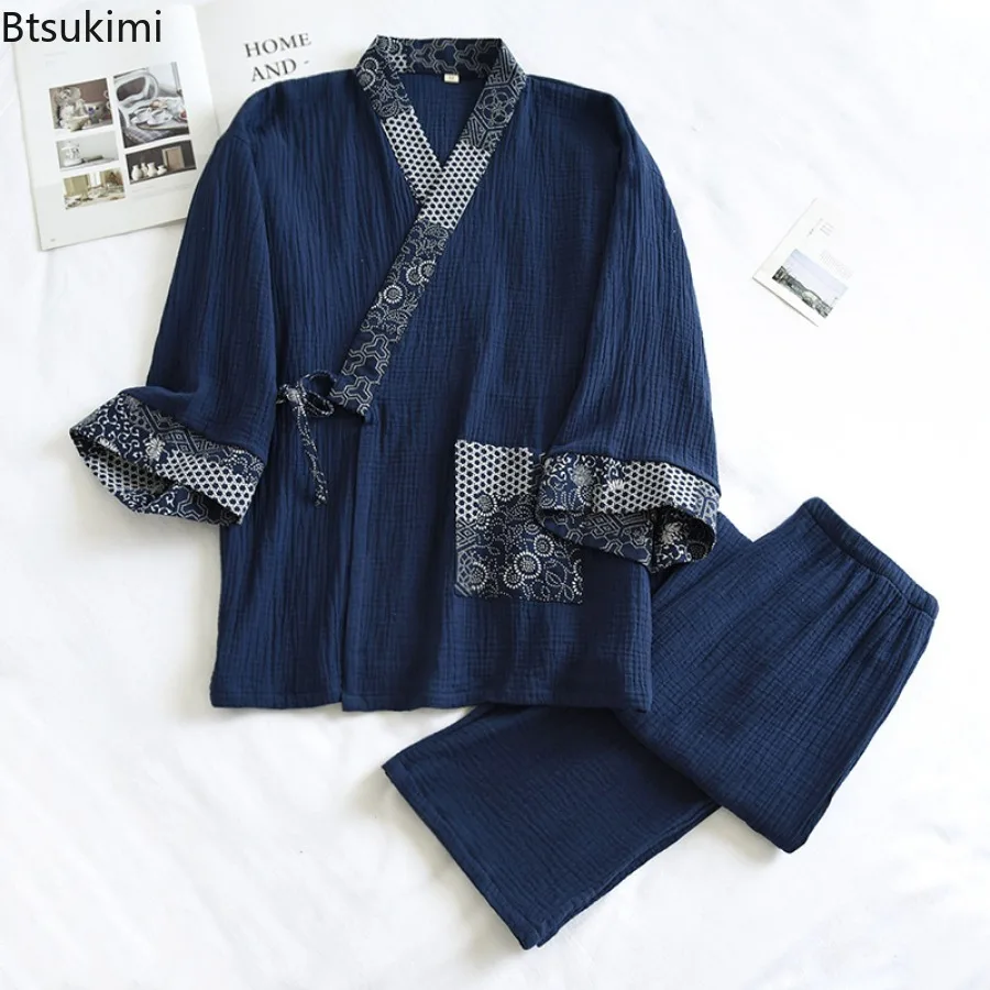 Pure Cotton Mens Pajamas Set Japanese Kimono Plus Size Long Sleeve Pant Suit Casual Comfortable Home Service Two-piece Sleepwear