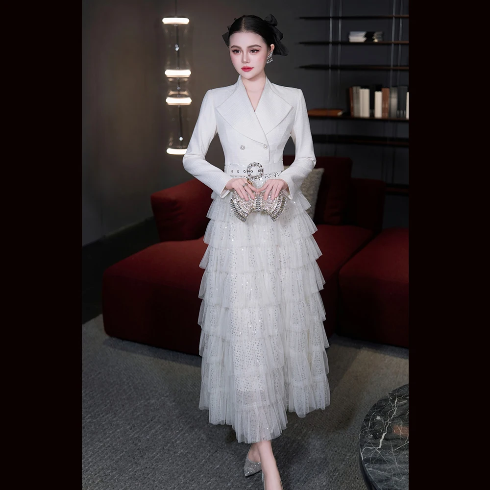 Meyyithun vestido feminino elegante retalhos lantejoulas vestidos lapela manga longa cintura alta emendado em camadas malha festa bolo vestido mx