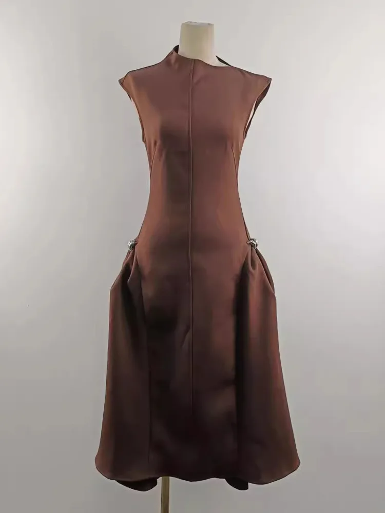 QMQA Fashion Women\'s Evening Elegant Dress Diagonal Collar Sleeveless Slimming Ankle-length Dresses 2025 New Clothing 1A255