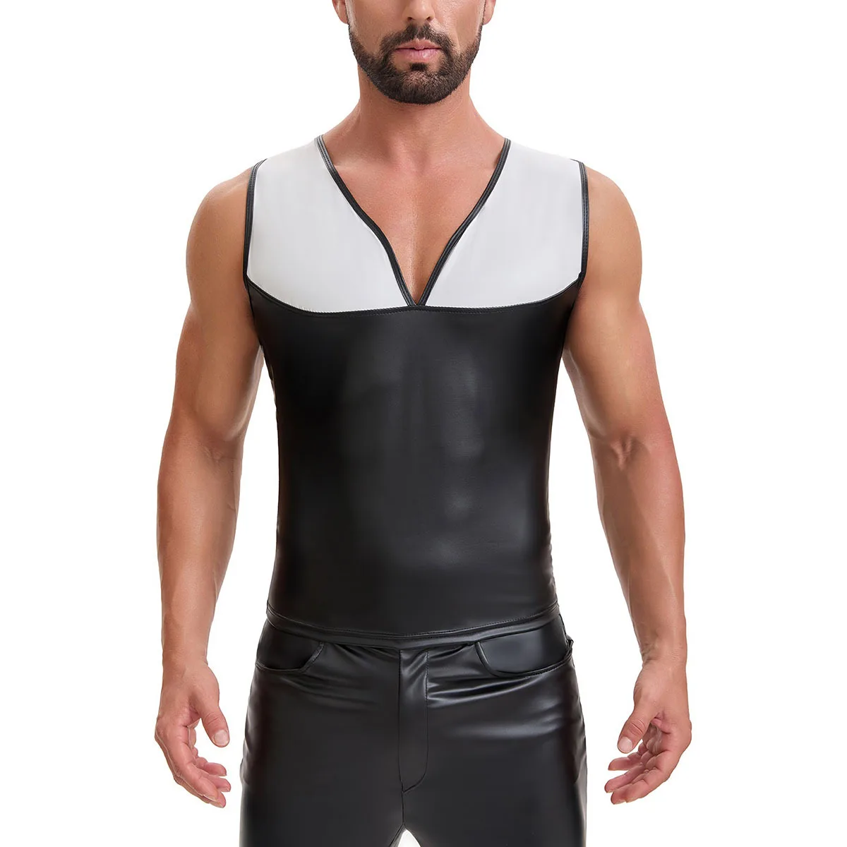 Plus Size Men's Sleeveless PU Leather Patchwork Tank Top Faux Leather Nightclub Dance Vest Male Undershirt Stage Clubwear S-7XL