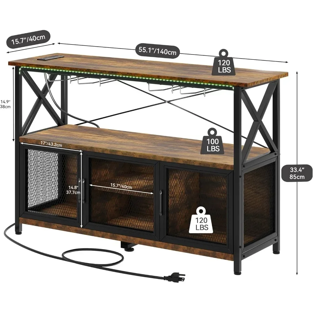 55" Bar Cabinet with LED Lights, Wine Cabinet with Power Outlet, Bar Table Stand with Wine Rack, Storage Cabinets