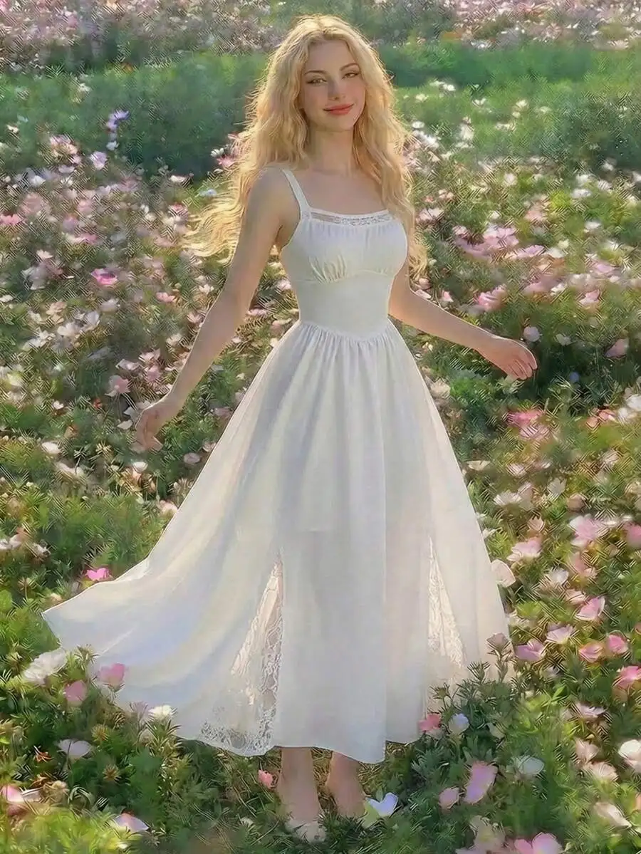 

Elegant White Lace Patchwork Spaghetti Strap Maxi Dress For Summer Vacation Picnic Party