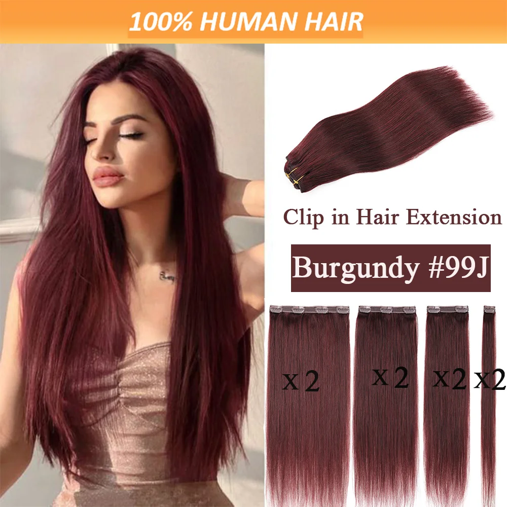 

120 Grams Clip In Hair Extension 100% Remy Human Hair Burgundy Clip-On HairPiece Full Head 12-22 Inch For Salon Supply