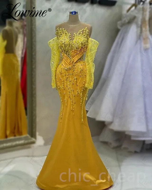 Elegante vestido de noite frisado, mangas compridas, vestido de baile, árabe, vestidos celebridades, vestidos de festa, cristal amarelo, robe