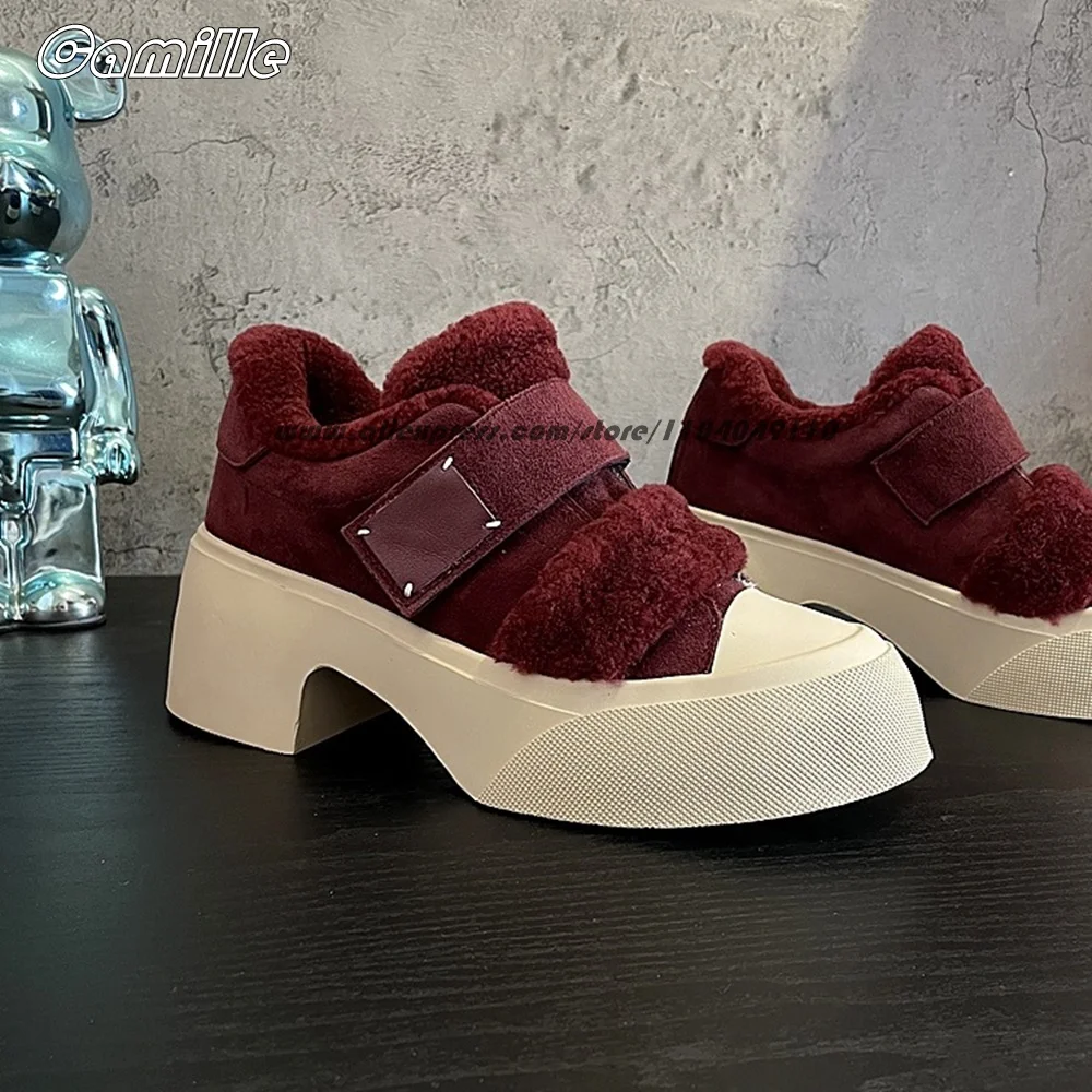 

Suede Geunine Leather Hook&Loop Wedges Short Plush Shoes Round Toe Non-Slip Chunky Heel Lady Shoes All-Match Casual Lady Shoes