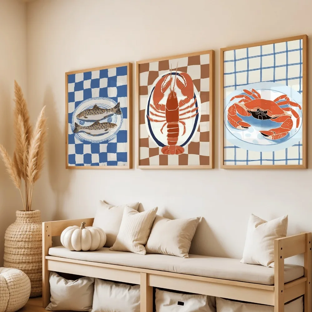 3pcs Frameless Seafood Wall Art Poster Crab,Sardine Lobster Prints for Bedroom and Living Room Decor Retro Sea Creature Painting