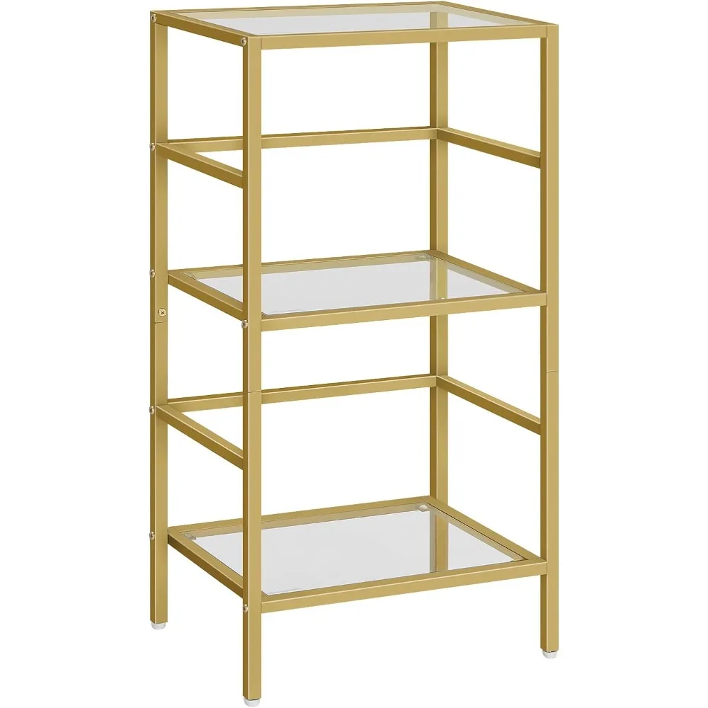 Bookshelf, Tempered Glass Bookshelves, Record Storage Rack with Side Fence, Gold Bookshelf, 3-Tier Bookcase