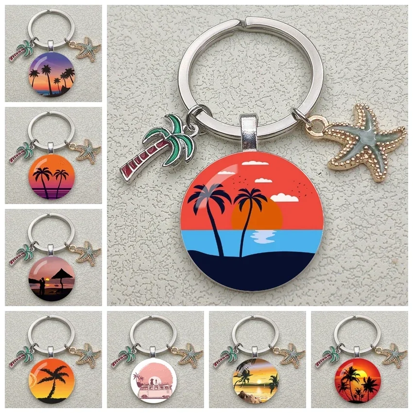 Starfish coconut keychain Beach keychain Seaside sunset keyring Personality Jewelry Gift Key Holder for New Home