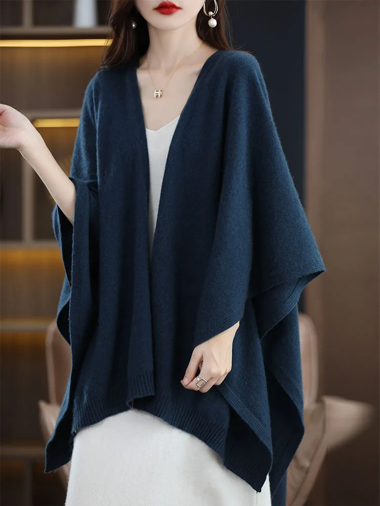 Women's Wool Shawl Loose Cardigan 100% Merino Wool Knitwear Autumn Winter Cashmere Sweater Comfortable Vintage Casual Shawl Coat