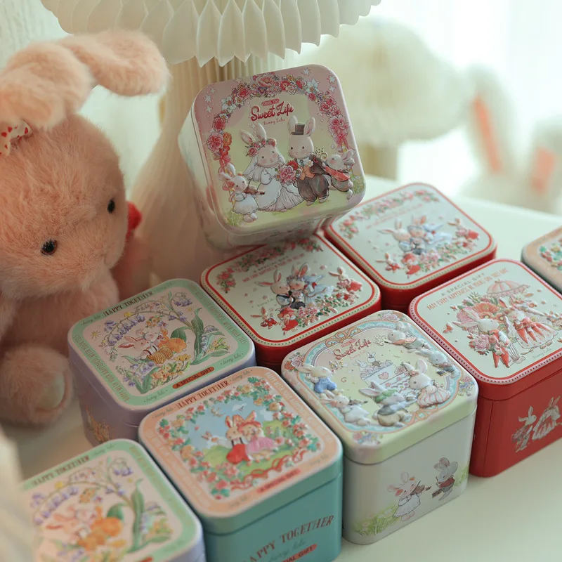 4 Pcs Bunny Rabbit Cartoon Square Fairy Tale Iron Tin / Food / Tea Cans/Gift Metal Case/ Storage Wedding Candy Box