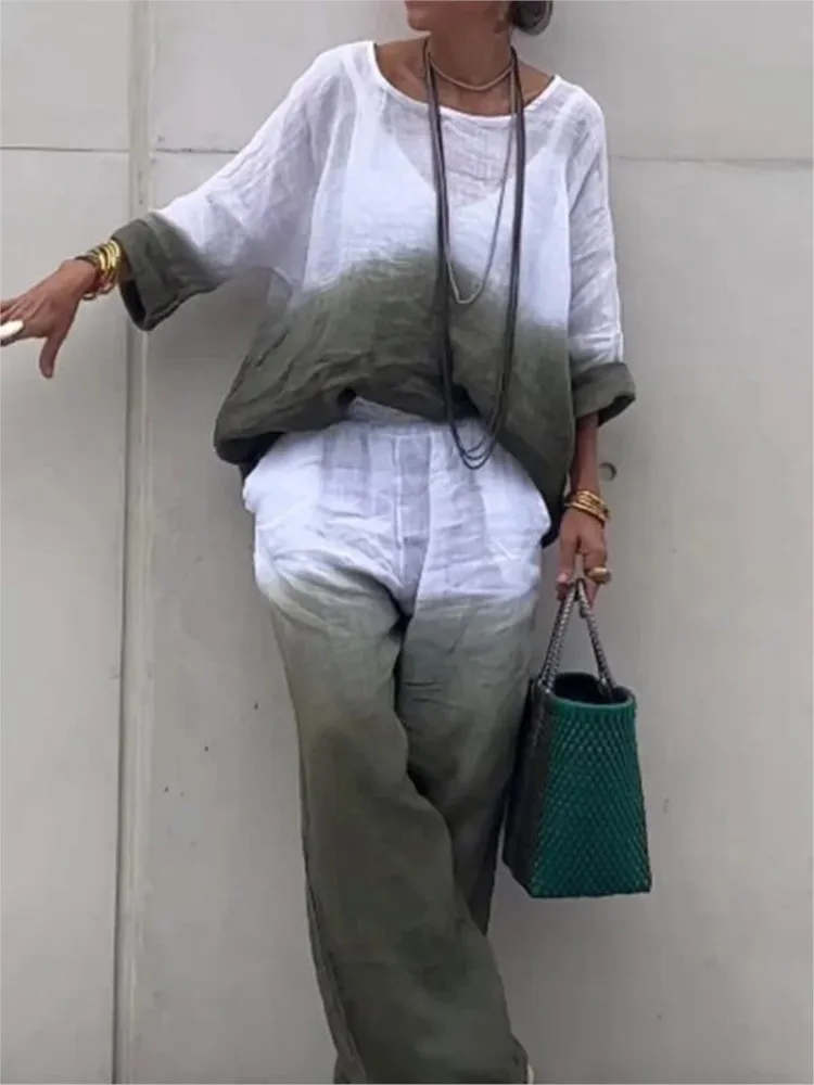 

2025 Spring Summer Fashion Women's Trousers Two-Piece Set New Pocket Pants Casual Loose Gradient Pullover Shirt Suit